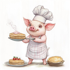 Adorable Pig Chef in a Pink Apron and Hat, Serving Pancakes with Strawberries