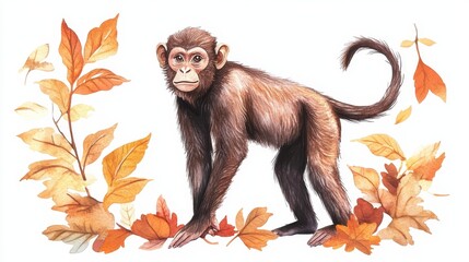 Fototapeta premium Monkey Surrounded by Fall Leaves, Autumn Colors, Brown Monkey Illustration, Autumnal Foliage, Monkey Art, Nature Scene
