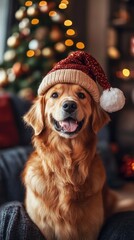 Fluffy Dog in a New Year's cap sits against the background of an apartment decorated for Christmas, cozy home