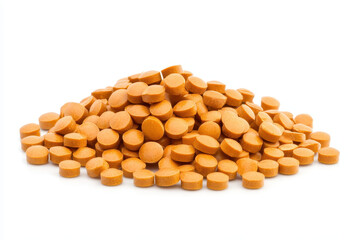 pile of orange tablets isolated on white background, showcasing their texture and shape