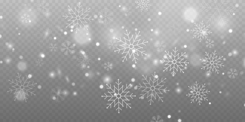 Realistic falling snow with snowflakes and clouds. Vector heavy snowfall, snowflakes in different shapes and forms. Many white cold flake elements on transparent background.