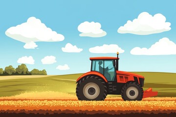 Obraz premium Bright Red Tractor Plowing Golden Field Under Clear Blue Sky with White Clouds in Rural Landscape, Farming Equipment in Action, Agricultural Scene, Agricultural Machinery
