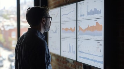 A person is intently observing multiple data visualizations displayed on screens. The graphs showcase real estate market trends and analytics, reflecting dynamic fluctuations in property values.