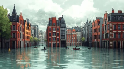 A 2D cartoon of rising sea levels submerging buildings, with people navigating in boats through a flooded city. Flat, 