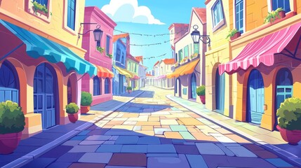 Fototapeta premium A Colorful and Sunny Cobblestone Street Lined With Shops
