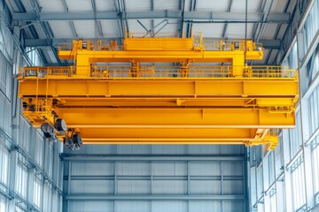 Bright Yellow Overhead Crane Suspended from Ceiling in Modern Industrial Warehouse with Large Windows and Clean Steel Structure