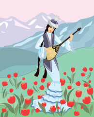 Vector image of a young girl in a Kazakh national costume with a dombra in her hands against