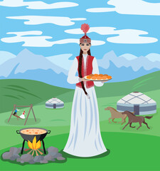 Vector image of a young girl in a Kazakh national costume with a plate in her hands against