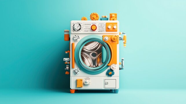 Retro-styled washing machine with colorful knobs and dials against a turquoise background, featuring bright orange and teal accents.