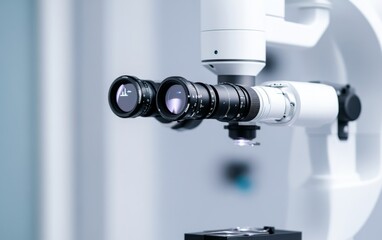 Microscope lenses in a laboratory setting.
