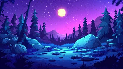 Obraz premium Nighttime Forest Scene with Moon, Stars, and Stream