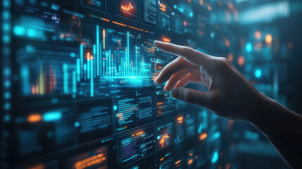 Man analyzing website keyword data on floating holographic screen