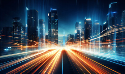 Obraz premium Cyber big data flow throughout the city. Blockchain data fields. Network line connect stream. Concept of AI technology, digital communication big city.