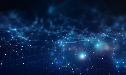 Fototapeta premium Abstract blue technological backdrop featuring a cyber network grid, interwoven particles, artificial neurons, and global data connections.
