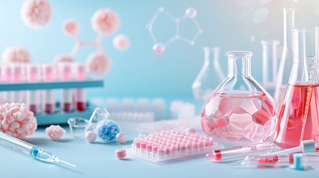 material science with polymers and compounds Concept. Laboratory Equipment and Glassware with Pink Liquid