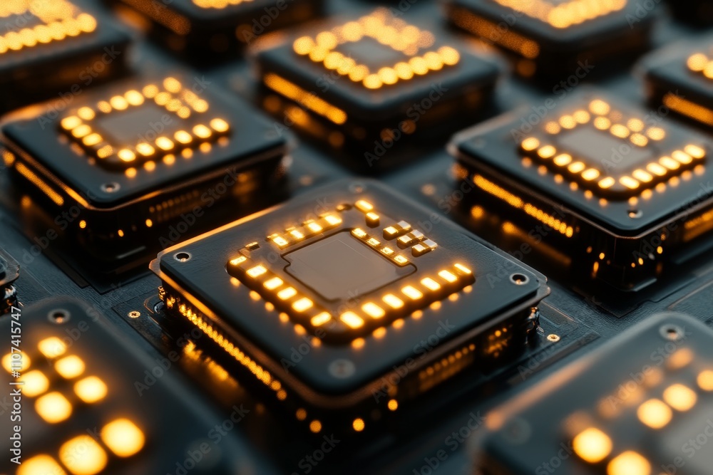 Poster close-up of illuminated microprocessors on a circuit board showcasing advanced technology and modern