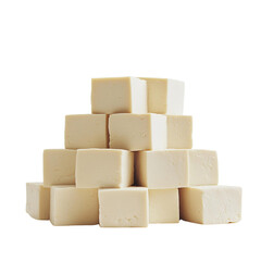Pile of Fresh Tofu Cubes Isolated on White Background