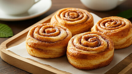 Fresh cinnamon rolls on a tray with steaming coffee nearby