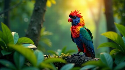 Obraz premium Colorful Bird in Lush Green Forest - AI Photorealistic Nature Scene