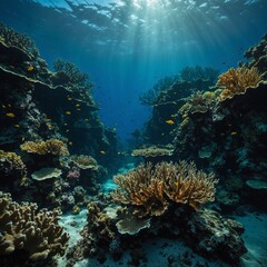 Obraz premium An underwater view of glowing coral gardens, with faint silhouettes of forested mountains above.