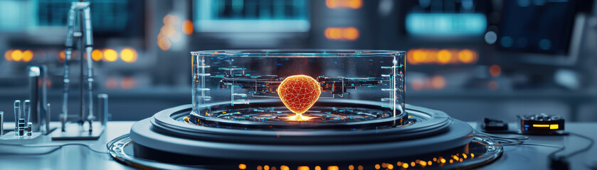Obraz premium Biotechnology rejuvenation cosmetic surgery youthful concept. A futuristic laboratory scene features a glowing orange sphere inside a transparent container