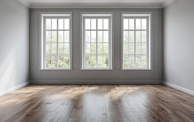 Fototapeta premium A vacant room featuring a smooth wooden floor and three large windows