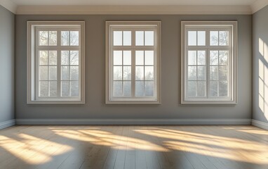 Fototapeta premium A vacant room featuring a smooth wooden floor and three large windows