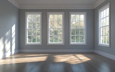 Fototapeta premium A vacant room featuring a smooth wooden floor and three large windows