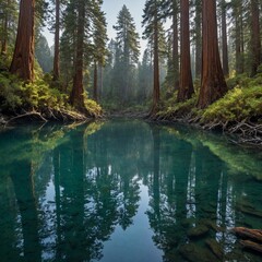 A serene ocean inlet with water as clear as glass, reflecting ancient, towering redwood trees.

