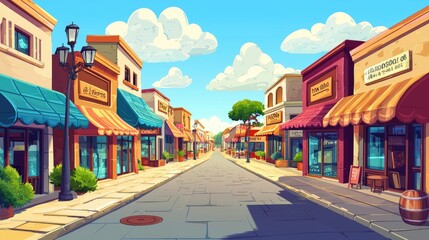 Fototapeta premium A cartoon depiction of a quaint, cobblestone street lined with colorful shops and awnings