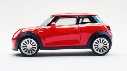 Naklejka premium A red toy car model displayed against a white background, showcasing its design and features.