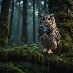 Fototapeta premium An owl perched in an ancient, moss-covered forest at dusk.
