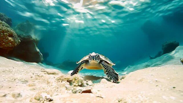 Baby sea turtle embarking on their first journey across the sandy beach towards the ocean.