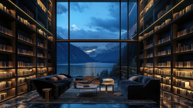 Modern library with mountain view at dusk.