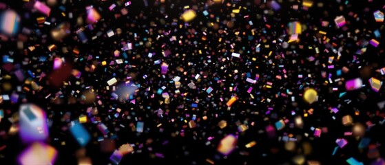 Glittering colored confetti on black background with motion blur, glittering confetti, swirling motion, blurred edges, colorful particles