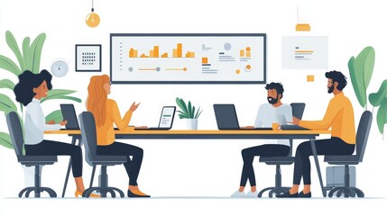 A flat 2D cartoon of a multicultural team having a meeting in a bright office, discussing business strategy with laptops and charts