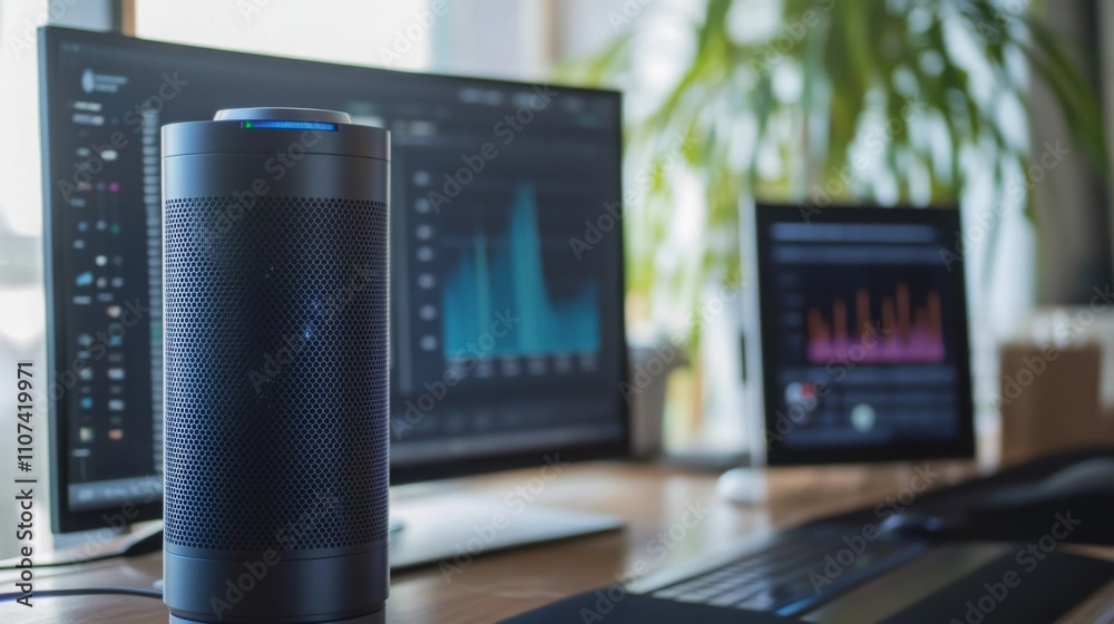 Poster A modern workspace displays advanced AI tools for real estate analysis. Multiple screens show data visualizations, highlighting market trends and property metrics.