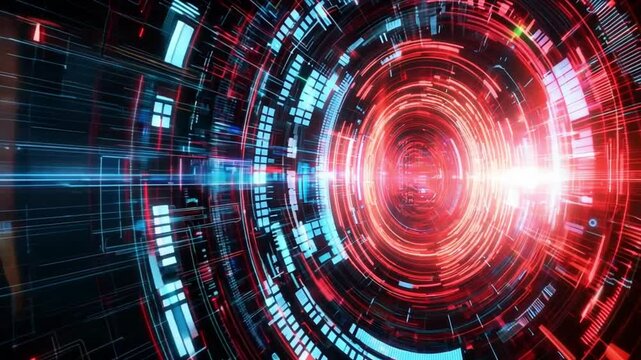 Abstract digital sphere with red and blue glowing patterns