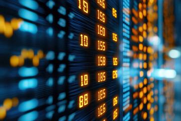 Fototapeta premium Abstract data visualization with glowing numbers on digital screen, showcasing financial metrics and trends in vibrant, high tech environment