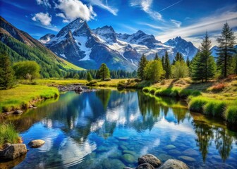 Fototapeta premium Serene Mountain Stream Reflection, Peaceful Landscape