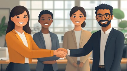 2D cartoon of people of different nationalities shaking hands after a successful deal, with an office scene in the background.