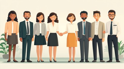 Obraz premium 2D cartoon of people of different nationalities shaking hands after a successful deal, with an office scene in the background.