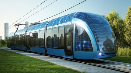 Futuristic Solar-Powered Tram on a Scenic Urban Track Surrounded by Lush Greenery Under a Clear Blue Sky with Modern Cityscape in the Background