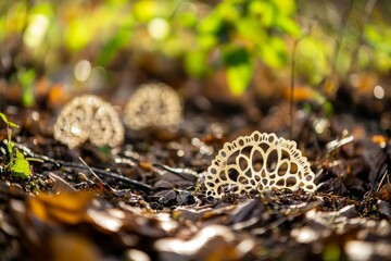 Delicate Fungal Structures Emerging from Forest Floor in Soft Light Captured in Close-Up, Highlighting the Beauty of Nature's Intricate Designs