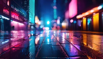 Obraz premium Night street reflection, vibrant neon lights, wet pavement, urban scene with colorful lights