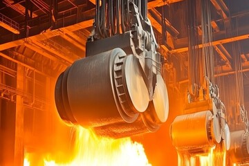 Detailed View of Heavy Industrial Equipment Pouring Molten Metal in a Steel Mill, Showcasing the Intensity and Energy of Metal Production Processes