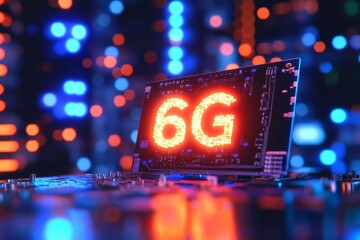 Digital Concept of 6G Technology with Bright LED Display on Circuit Board Surrounded by Colorful Light Bokeh in Futuristic Data Center Environment