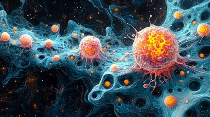 Human cell design under a microscope, with exaggerated colors and stylized biological details.