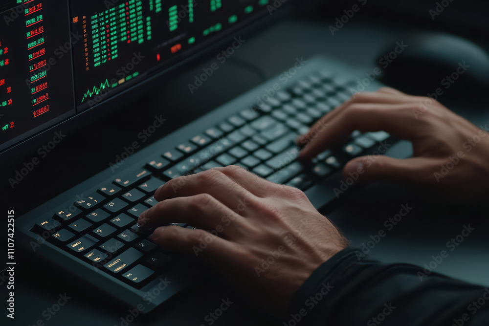 Poster closeup of hands typing on keyboard with digital data displayed on screen, showcasing tech savvy env