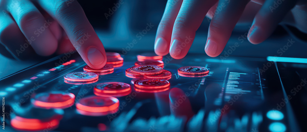 Poster closeup of hands interacting with glowing touchscreen interface featuring circular icons and data vi